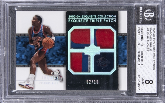 2003-04 UD "Exquisite Collection" Triple Patch #IT Isiah Thomas Game Used Patch Card (#02/10) – BGS NM-MT 8